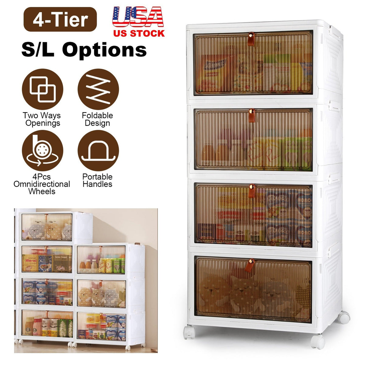 4-Tier Foldable Storage Bins with Lid