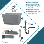 Tehila Standard Wall-Mounted Grey Utility Sink with Stainless Steel Finish Pull-Out Faucet