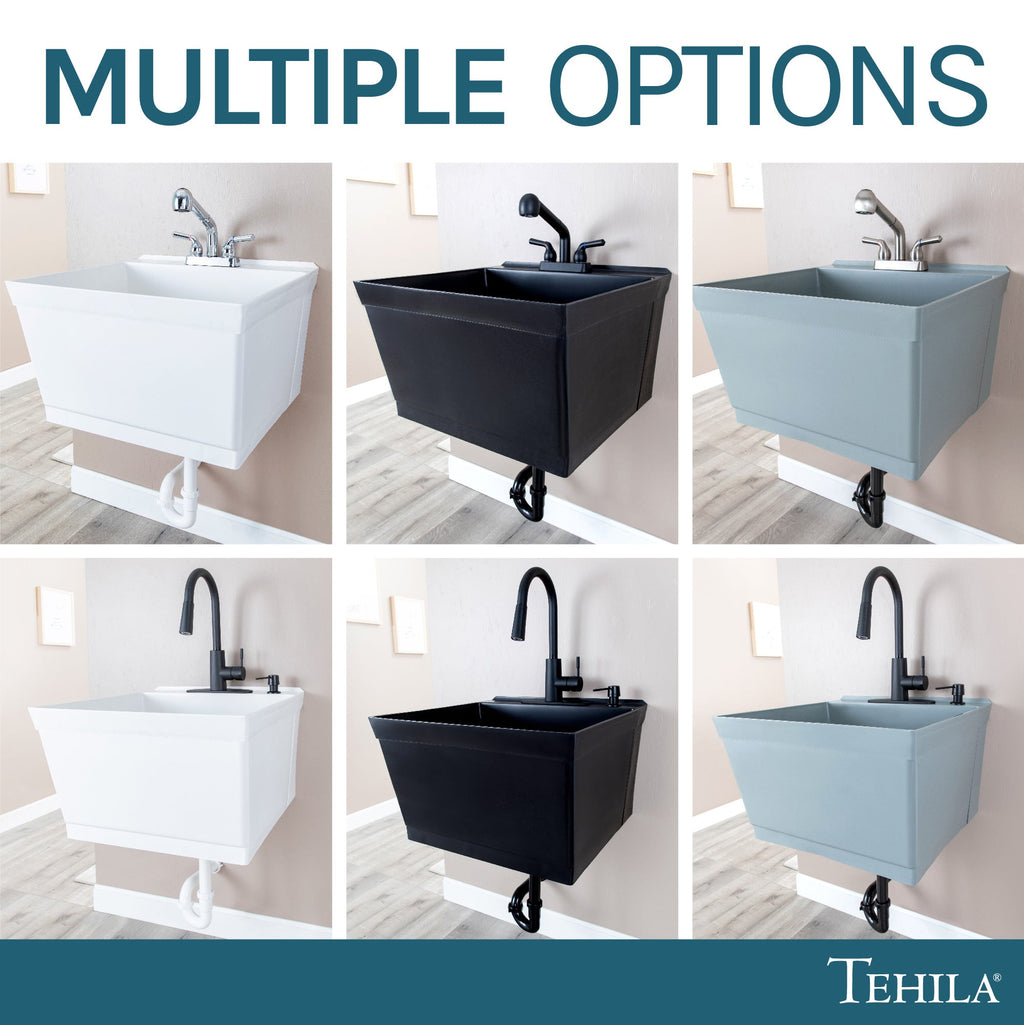 Tehila Standard Wall-Mounted White Utility Sink with Black Finish Pull-Down Faucet