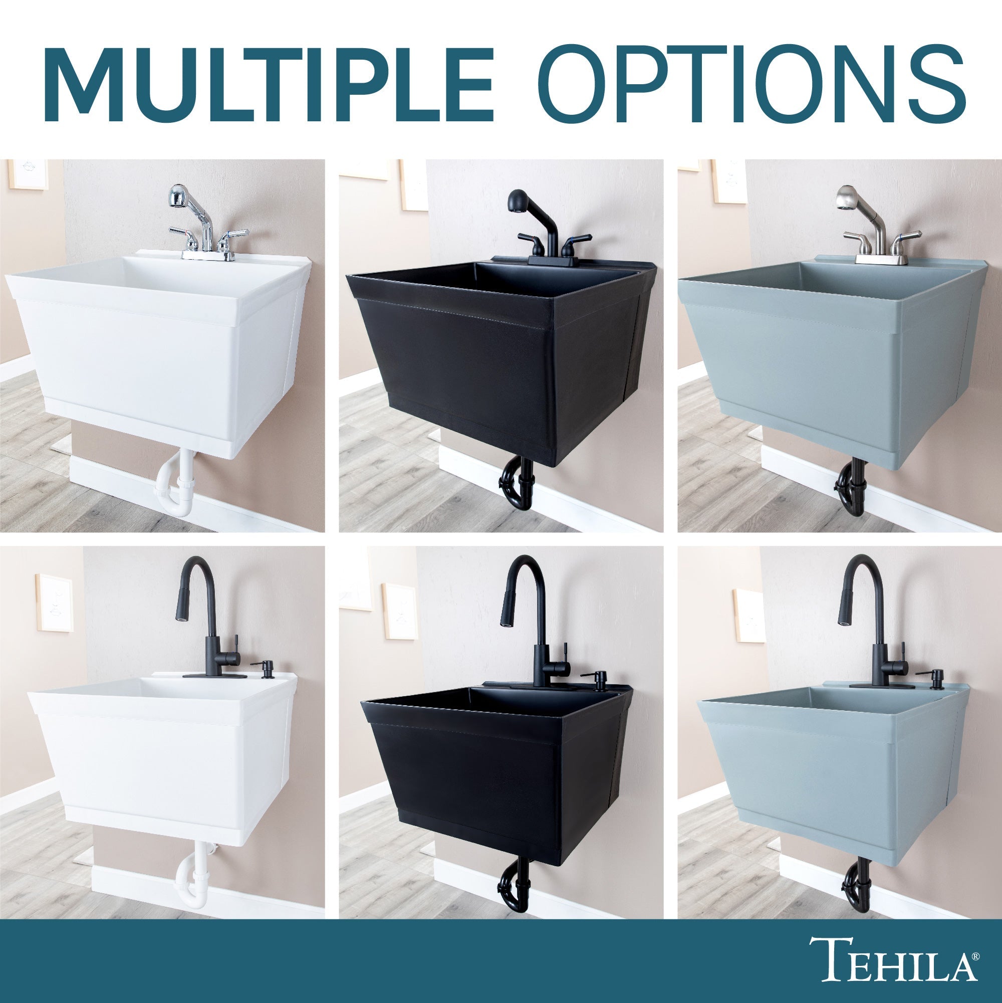 Tehila Standard Wall-Mounted White Utility Sink with Black Finish Pull-Down Faucet