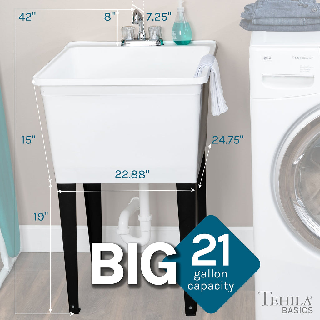 Tehila Basics Freestanding White Utility Sink with Chrome Finish Dual Handle Utility Faucet