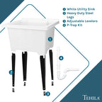 Tehila Luxe Freestanding White Utility Sink with Drainage Kit, No Supply Lines, No Strainer Basket