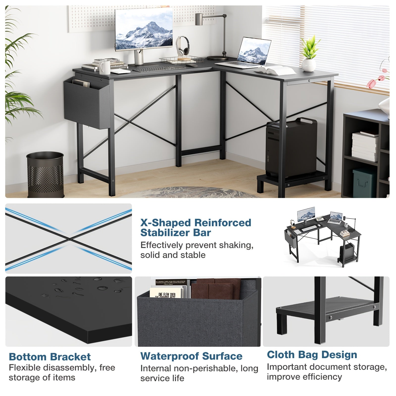 Drop2me L-Shaped Corner Computer Desk with Storage Pocket | Wooden Home Office / Gaming