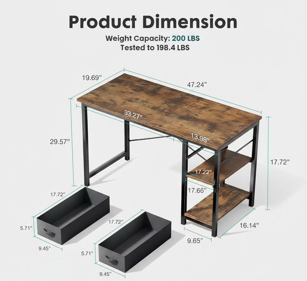 Drop2me 40/47 Inch Computer Desk with Fabric Storage Drawers, Modern Home Office Table