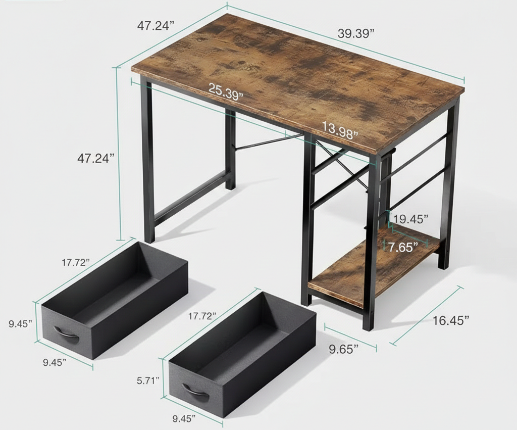 Drop2me 40/47 Inch Computer Desk with Fabric Storage Drawers, Modern Home Office Table