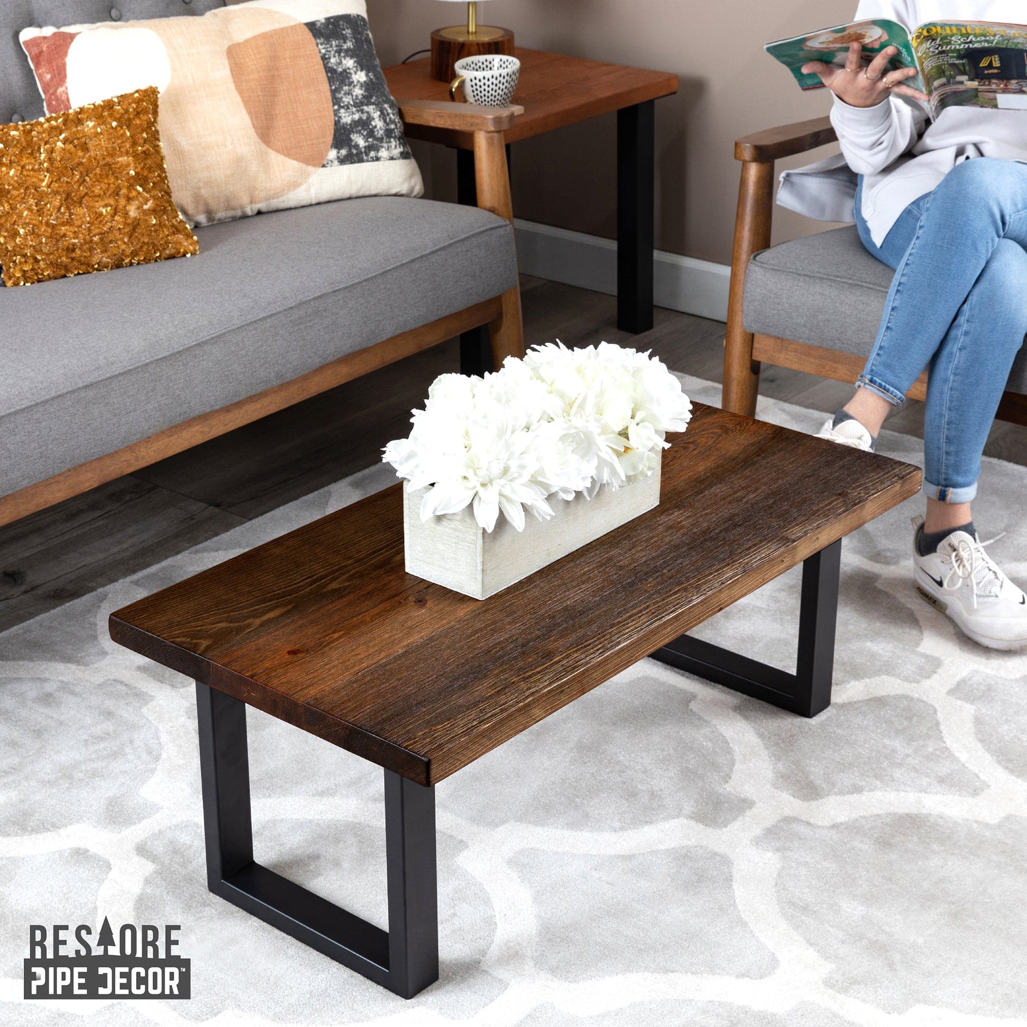 Pipe Decor Skyline Boulder Black Solid Wood Coffee Table with 12 in. Landscape Legs