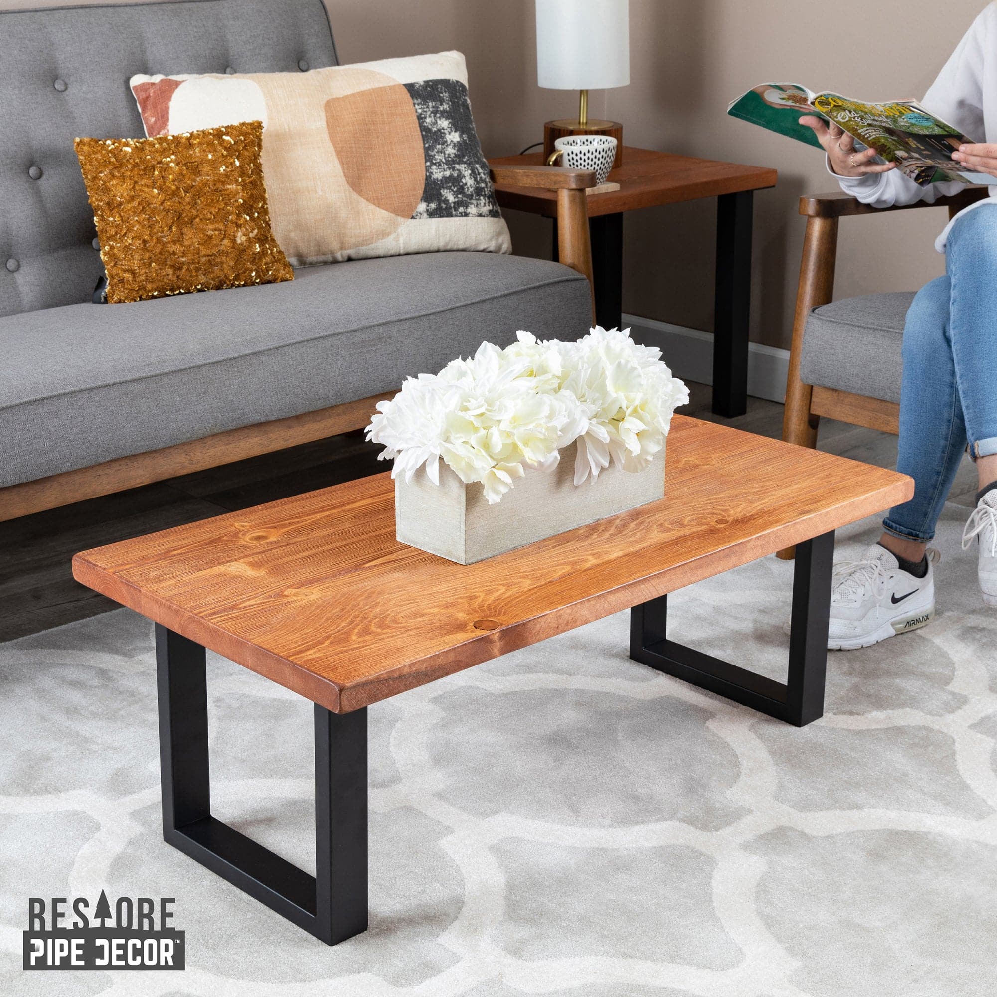 Pipe Decor Skyline Sunset Cedar Solid Wood Coffee Table with 12 in. Landscape Legs