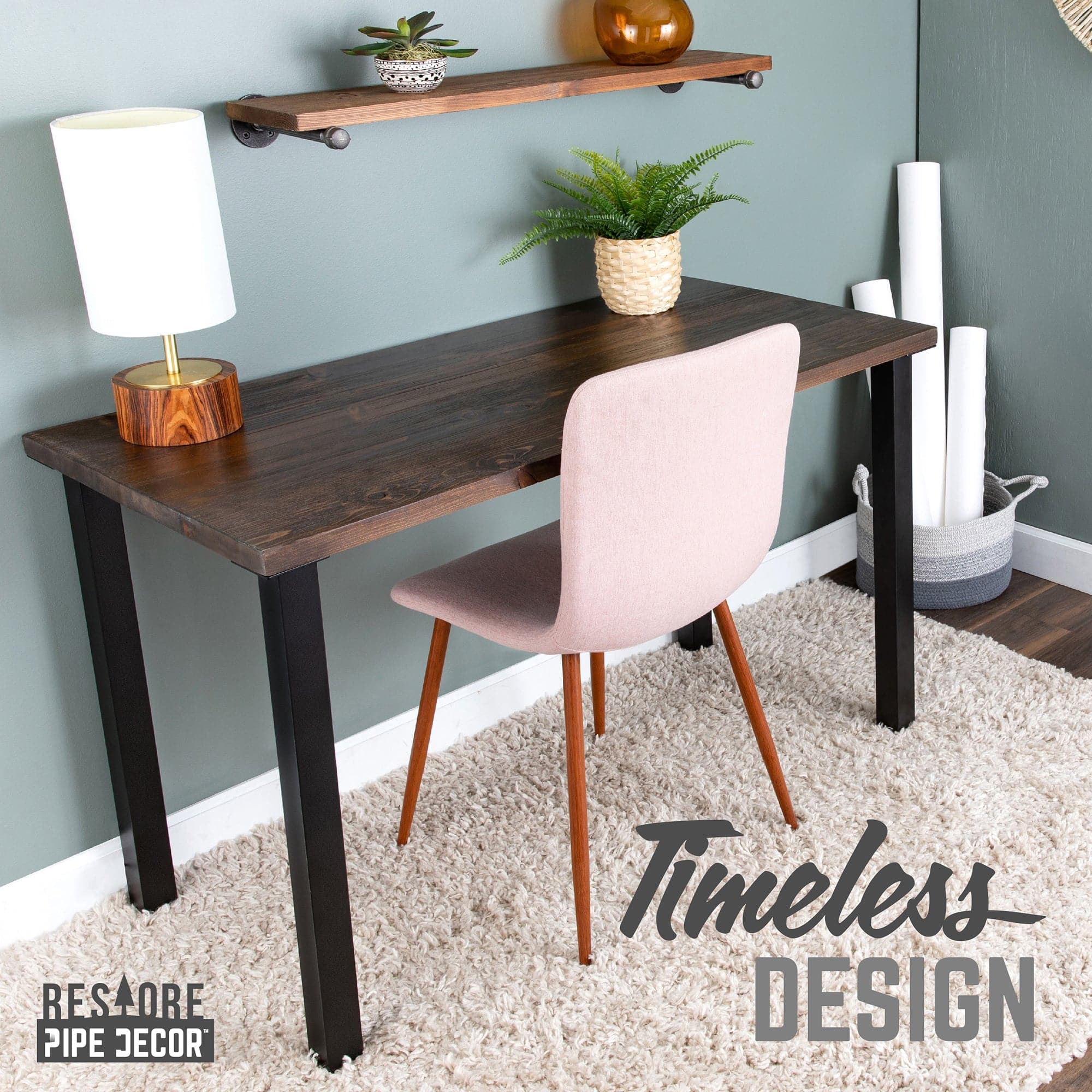 Pipe Decor Skyline Boulder Black Solid Wood Desk with 28 in. High-Rise Legs