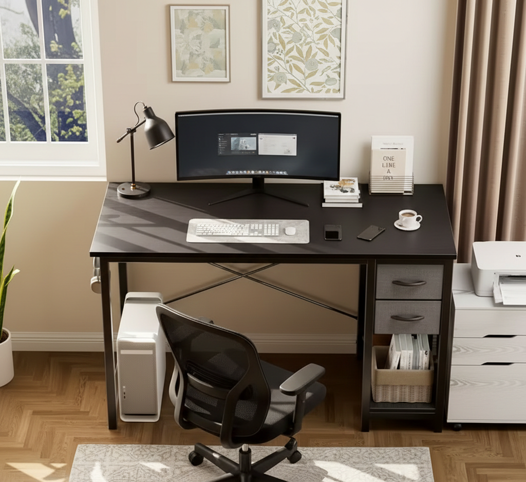 Drop2me 40/47 Inch Computer Desk with Fabric Storage Drawers, Modern Home Office Table