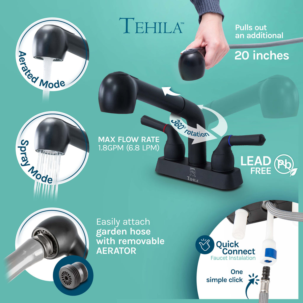 Tehila Freestanding Double-Wide White Utility Sink with Steel Legs & Black Pull-Out Faucet, Multi-Purpose Heavy-Duty Laundry Tub and Kitchen Sink for Homes & Business