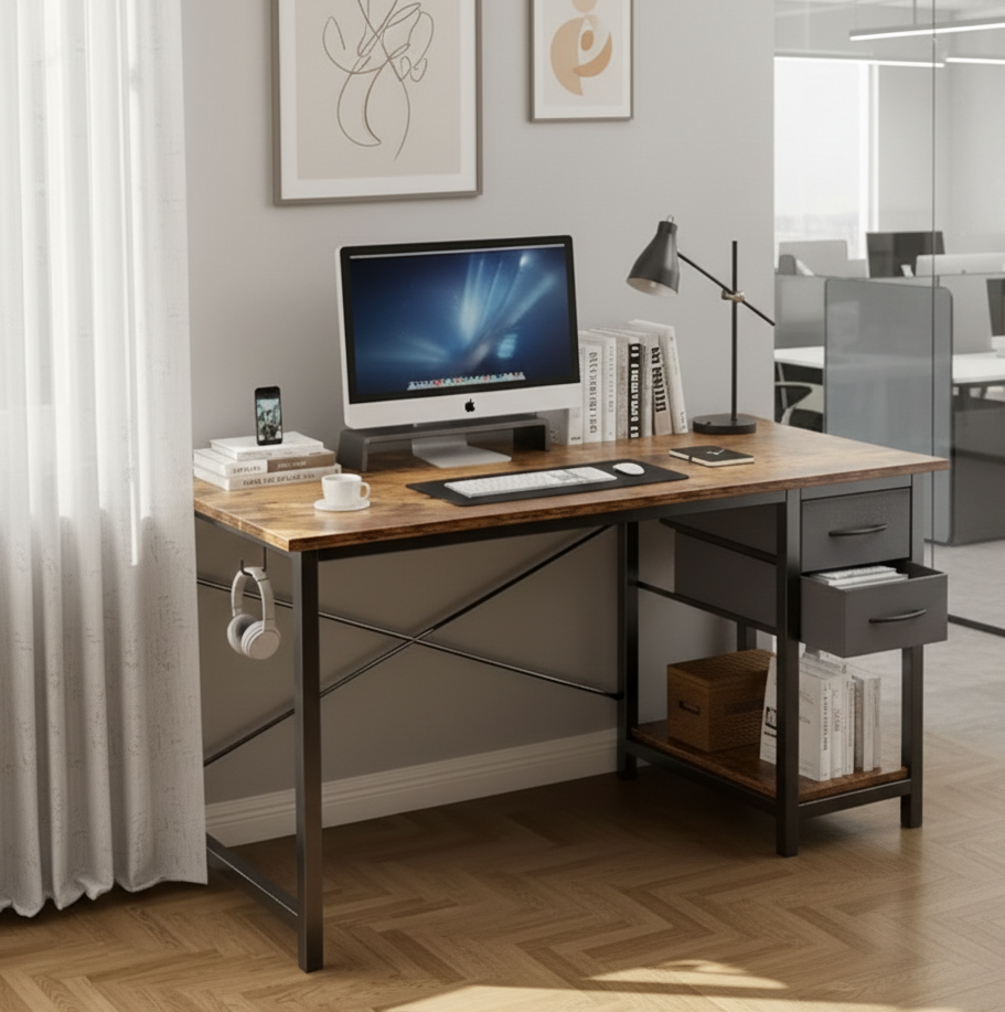 Drop2me 40/47 Inch Computer Desk with Fabric Storage Drawers, Modern Home Office Table