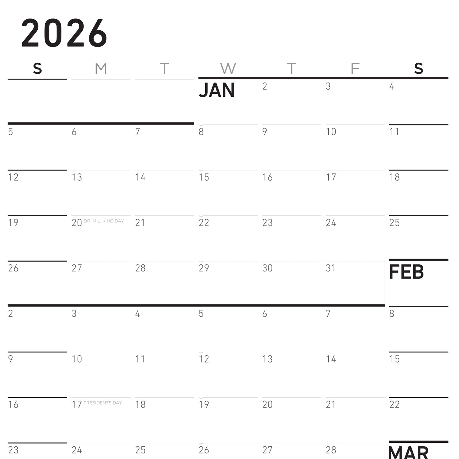 NeuYear Sunday Monochrome Large Wall Calendar (27x39)